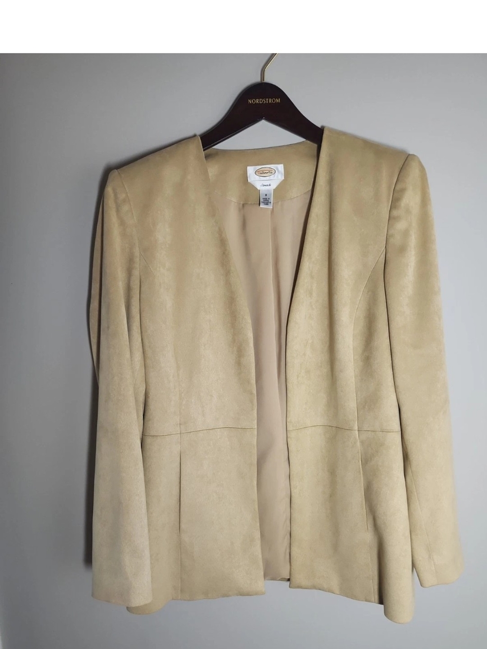 Talbots 2 Piece Stretch Pant Suit Camel Open-Front Faux Suede Blazer And Pants